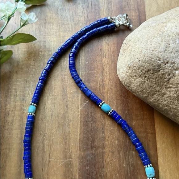 Sterling Silver Heishi Lapis Turquoise Bead Necklace. 18 inch. Gift - Picture 9 of 12